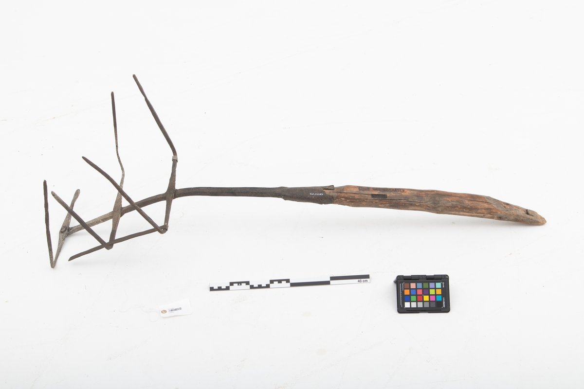 Lysterkurv, lysterkorg, av jern med grovt granskaft. Kurven (korga) skulle romme brennende tyrived for å gi lys til fisket (lysterfisket). Kurven har rektangelformet bunn. Tversover forlengelsen av skaftet er det festet tre jernstenger som er bøyd opp i endene. Endene danner sider i kurven. Den ene av disse endene er borte. Det har vært jernstenger mellom hjørnene, men bare en del av den ene er på plass. Jernet i kurven er rustent og sprøtt. Giver er antagelig Helge Væringsaasen, Elverum, Hedmark.