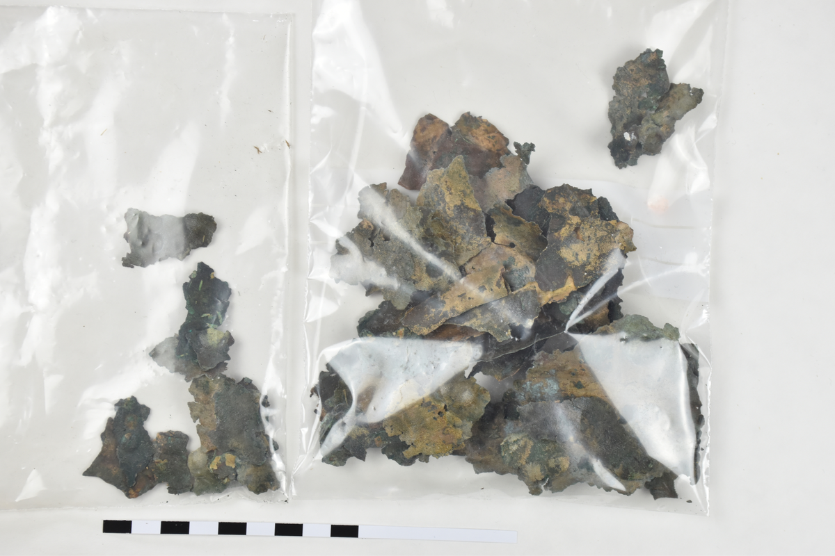 Sköldfragment, 44 st., med rester av ornamentik i form av vulster och bucklor.