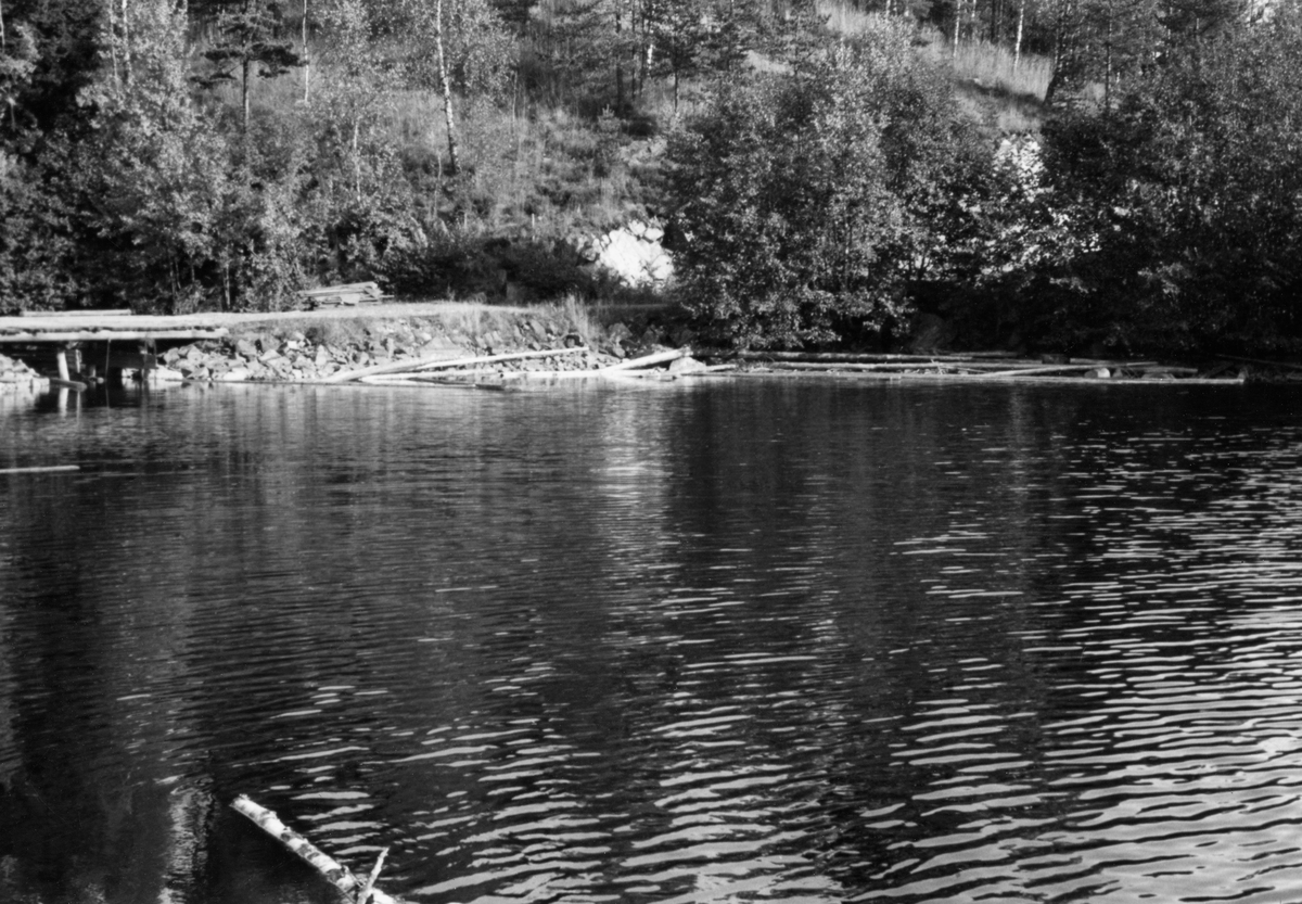 Strandsonen i Rausjøen [Raudsjøen] i Enebakk i Akershus.  Til venstre, øverst på bildet, sr vi ei lita bru og en veg skog går under ei skjæring langsmed vannet.  Det som for fotografen fra fløtingsadministrasjonen later til å ha vært bemerkelsesverdig er at det da bildet ble tatt - i slutten av september 1954 - fortsatt lå tømmerstokker og fløt langs strendene, lenge etter at fløtinga skulle vært avsluttet.