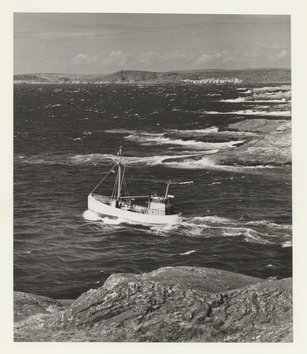 En fiskebåt stävar ut i ett sund från kustklipporna. På avstånd syns ett fiskeläge och kala berg.