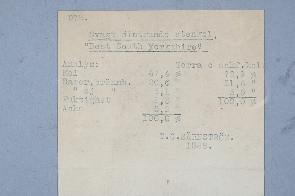 Fyra prover av stenkol, svarta. Märkning på ett av proven i vit färg: "D72". Tillhörande lapp med notering: "D72. Svagt sintrande stenkol, "Best South Yorkshire", C. G. Särnström. 1888".