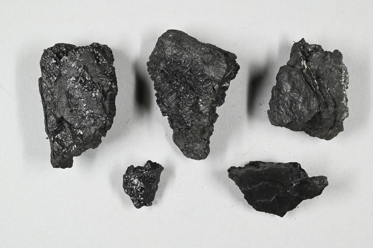 Fem kolprov (Antracit), svart. Tillhörande lapp med notering: "Antracit från South Wales. W. Bildt, 1879".