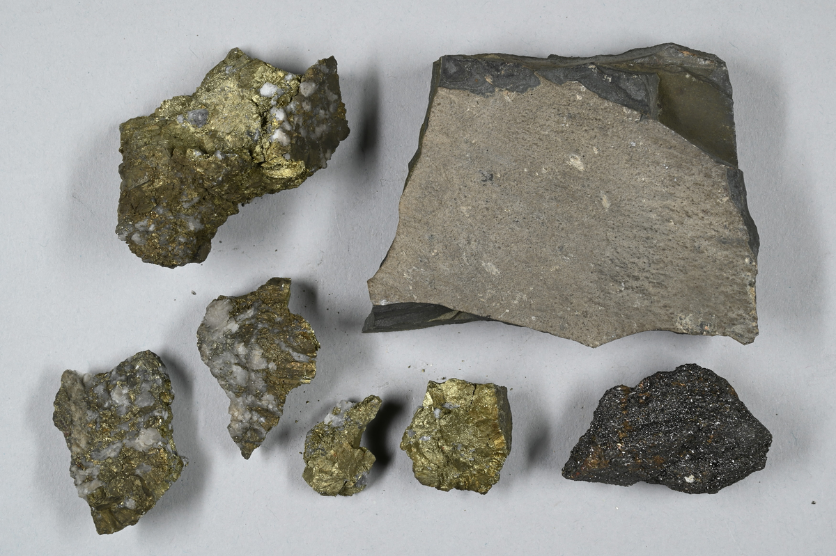 Sju materialprover. En grå och grönaktig, fem grön och vitaktiga och en gråaktig med skimmer. Tillhörande lapp med notering: "Ugnsgalmeja, Åtvidaberg, 1873".
