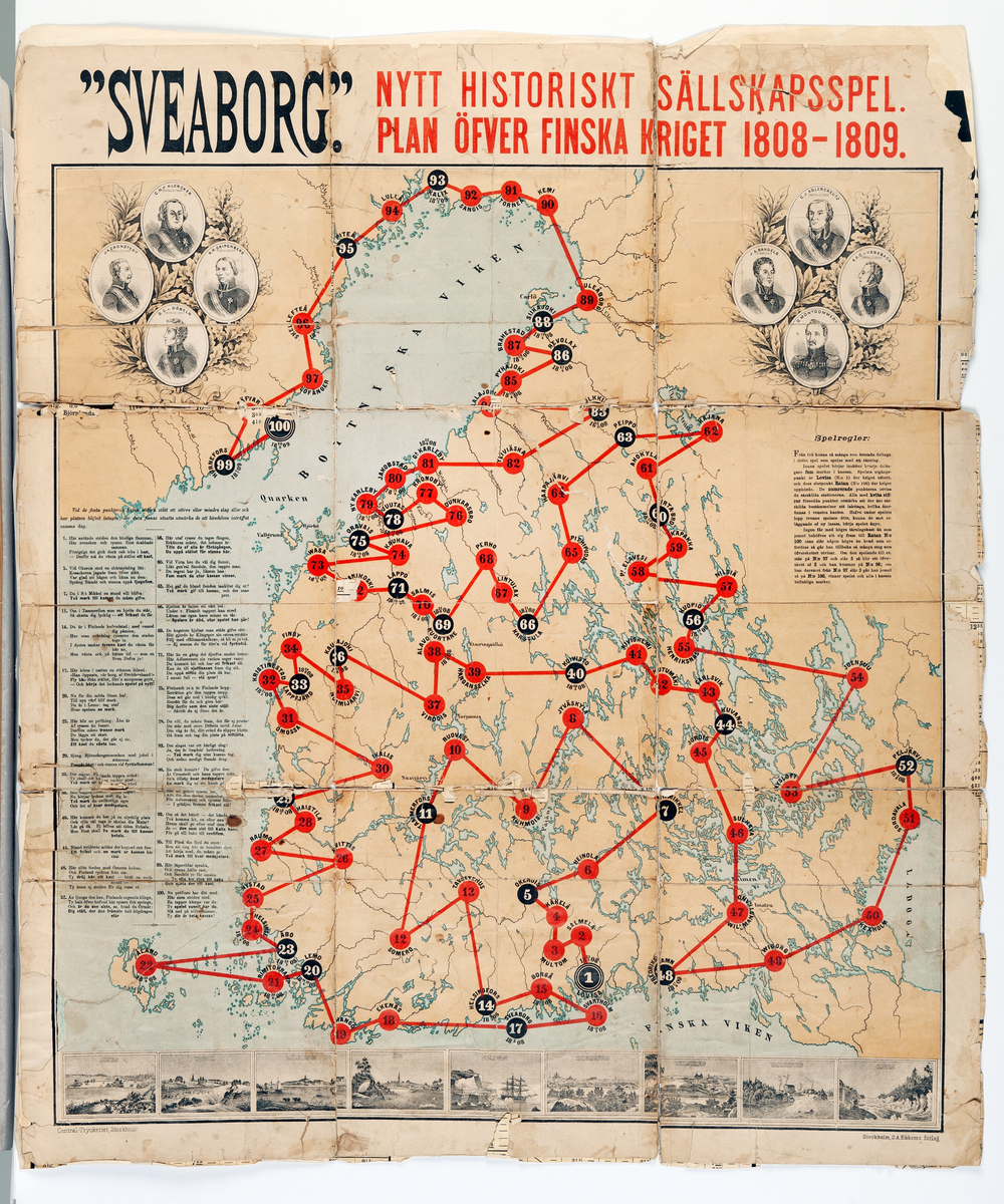 Historiskt sällskapsspel "SVEABORG" NYTT HISTORISKT SÄLLSKAPSSPEL. PLAN ÖFVER FINSKA KRIGET 1808-1809 med tryckt spelplan av papper över Finland och finska kriget 1808-1809, karta över Finland, Bottniska Viken samt nordöstra Sverige med orter och slag utsatta och siffror som hänvisar till verser. Åtta ellipsformade bilder upptill föreställande von Döbeln, Sandels, Adlercreutz, Cronstedt osv. och nio rektangulära bilder nedtill på olika städer och orter. Spelplanen är söndrig och den är uppklistrad på tågtidtabell Stockholm - Malmö. Tryckt i Stockholm S.A. Ekboms förlag, Centraltryckeriet.