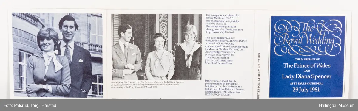 En folder med to frimerker i forbindelse med bryllupet mellom Prins Charles (The Prince of Wales) og Lady Diana Spencer. forsiden viser teksten "The Royal Wedding" i sølv med ornamenter rundt på blå bakgrunn. Innsiden og baksiden har tekst og bilder av brudeparet. Et innslag inni folderen som består av sort kartong dekt med to plastlommer til å holde to frimerker av brudeparet i.