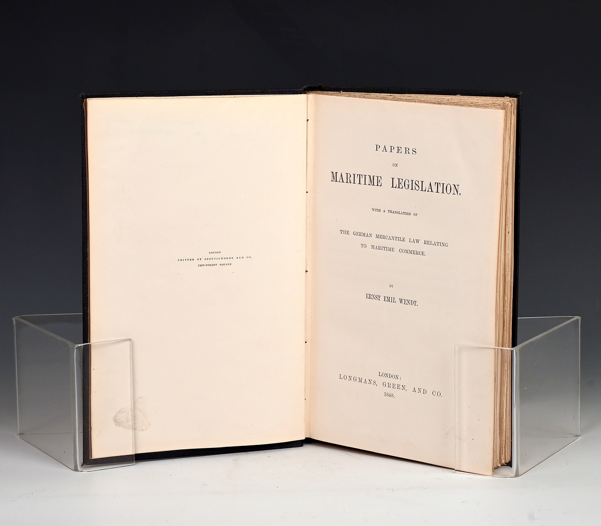Prot: Ernst Emil Wendt. Papers on maritime Legislation, London 1868. 8. Innbd. i heil shirting.