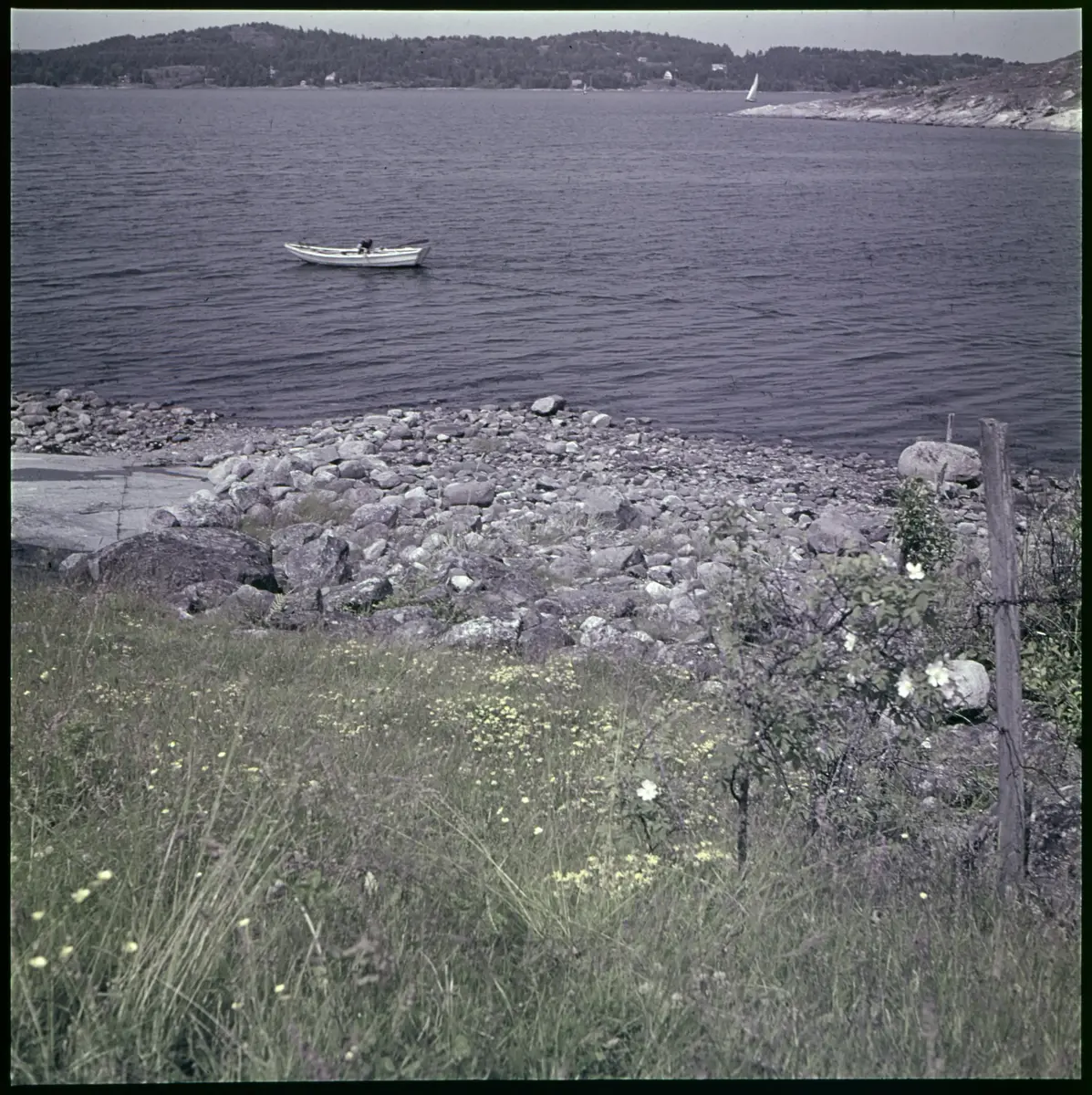 Färgdia: Sol i kölvatten. Hus vid kust. Mot Älvsborgs fästning. Eka i sjö. Halat segel, bergvägg. Vyer. Bergmönster. Par på strand. Sandmönster. Gerlesborg. Kolhättan(?). Solnedgång över havet. Bärnsten(??) och glas. Stenstrand. Nedisad kust, Tjörn. Musselskal. Lavar, posthornssnäcka. Fiskebod, strandväxter. Moln. Hästar betar, vy mot Älvsborgs fästning. Två i kajak. Snö. Kustbåt. Roende. Brygga i dis. Pojke vid eka, vy. Sandstrand med vågor, Hirthals, fiskare går. Musslor, tång, stenar. Söt vik. Hed. Ror eka i sund. Med fiskeläge och segelfartyg. Småbåtshamn, vy.