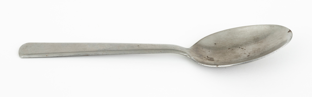 Element fra turbestikk bestående av kniv, gaffel og spiseskje.

SJF.04195-03
Spiseskje av rustfritt stål. Skjea er 18,1 centimeter lang. Det ovale skjebladet måler 7,0 X 4,3 centimeter. Skaftet er 9 millimeter bredt i den fremre enden og drlyt 17 millimeter bredt i den bakre enden, som for øvrig er noe avrundet. Skaftet har et slakt buet tverrsnitt.