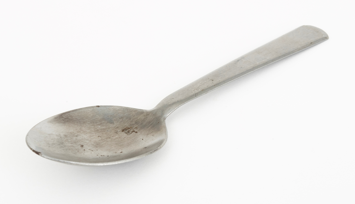 Element fra turbestikk bestående av kniv, gaffel og spiseskje.

SJF.04195-03
Spiseskje av rustfritt stål. Skjea er 18,1 centimeter lang. Det ovale skjebladet måler 7,0 X 4,3 centimeter. Skaftet er 9 millimeter bredt i den fremre enden og drlyt 17 millimeter bredt i den bakre enden, som for øvrig er noe avrundet. Skaftet har et slakt buet tverrsnitt.
