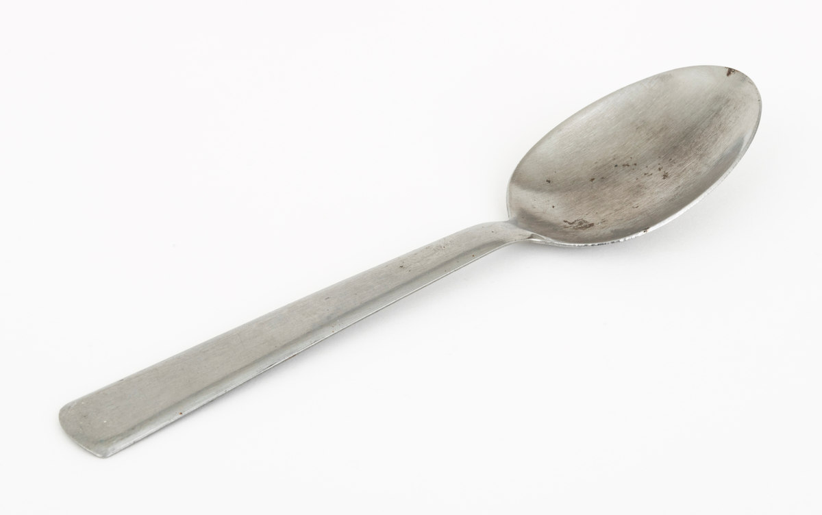 Element fra turbestikk bestående av kniv, gaffel og spiseskje.

SJF.04195-03
Spiseskje av rustfritt stål. Skjea er 18,1 centimeter lang. Det ovale skjebladet måler 7,0 X 4,3 centimeter. Skaftet er 9 millimeter bredt i den fremre enden og drlyt 17 millimeter bredt i den bakre enden, som for øvrig er noe avrundet. Skaftet har et slakt buet tverrsnitt.