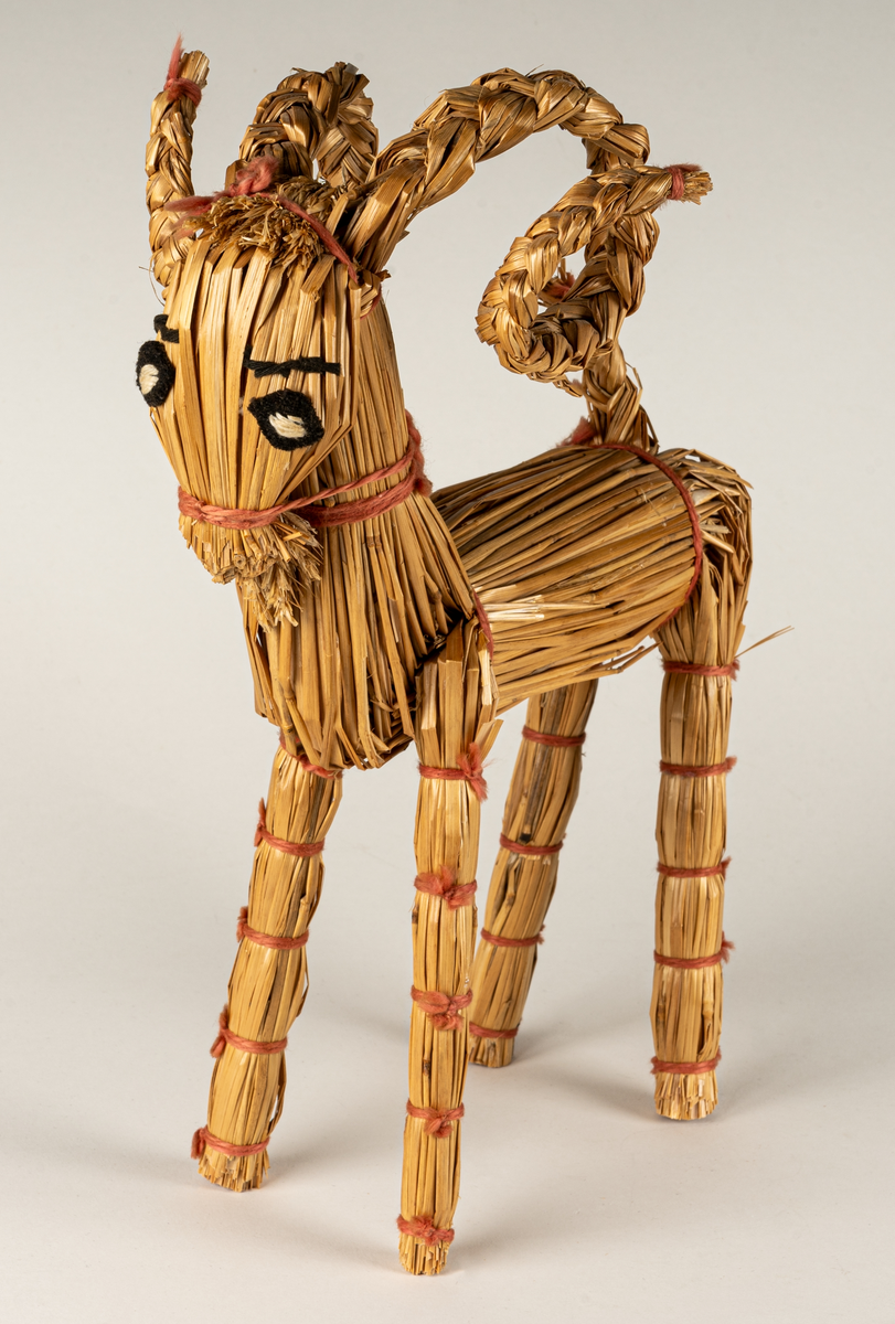 Julbock av halm, halmbock. Flätade horn och svans. Bocken är hopbunden med röda bomullsband. Ögon påsydda med svart och vitt garn.