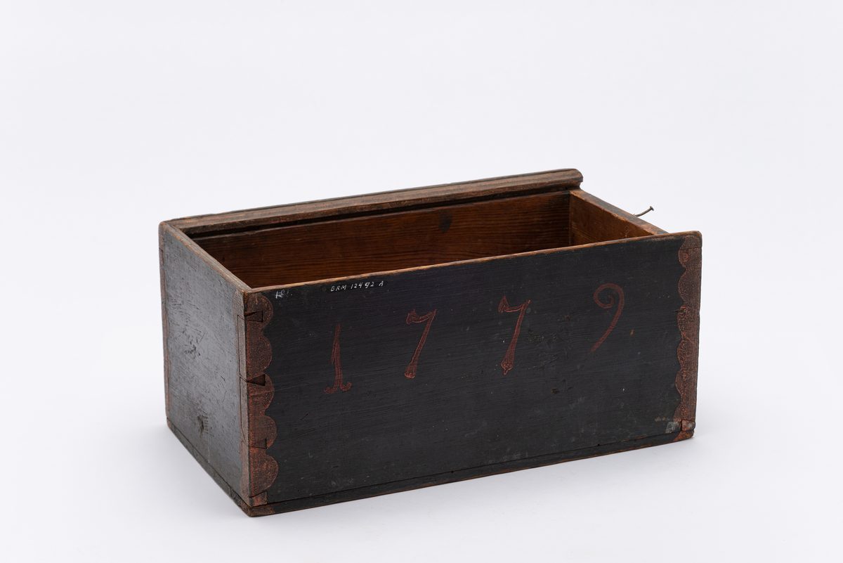 Rektangulær treeske (A) med tilhørende skyvelokk (B). Esken er malt sort med rød "rankedekor" i hjørnene (etterligning av metallbeslag). Rødmalt innskrift på langsidene (initialer og årstall). Sort lokk med rødt listverk. Lokket er velbrukt, og passer ikke lenger til esken (er for smalt). Esken ble brukt til oppbevaring av støpte lys.