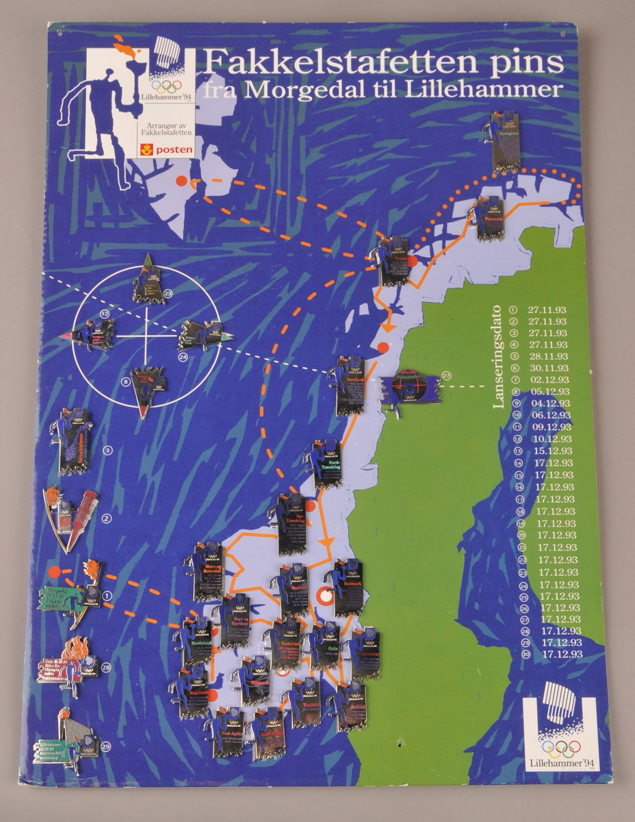 Plakat med 30 pins frå fakkelstafetten frå Morgedal til Lillehammer.