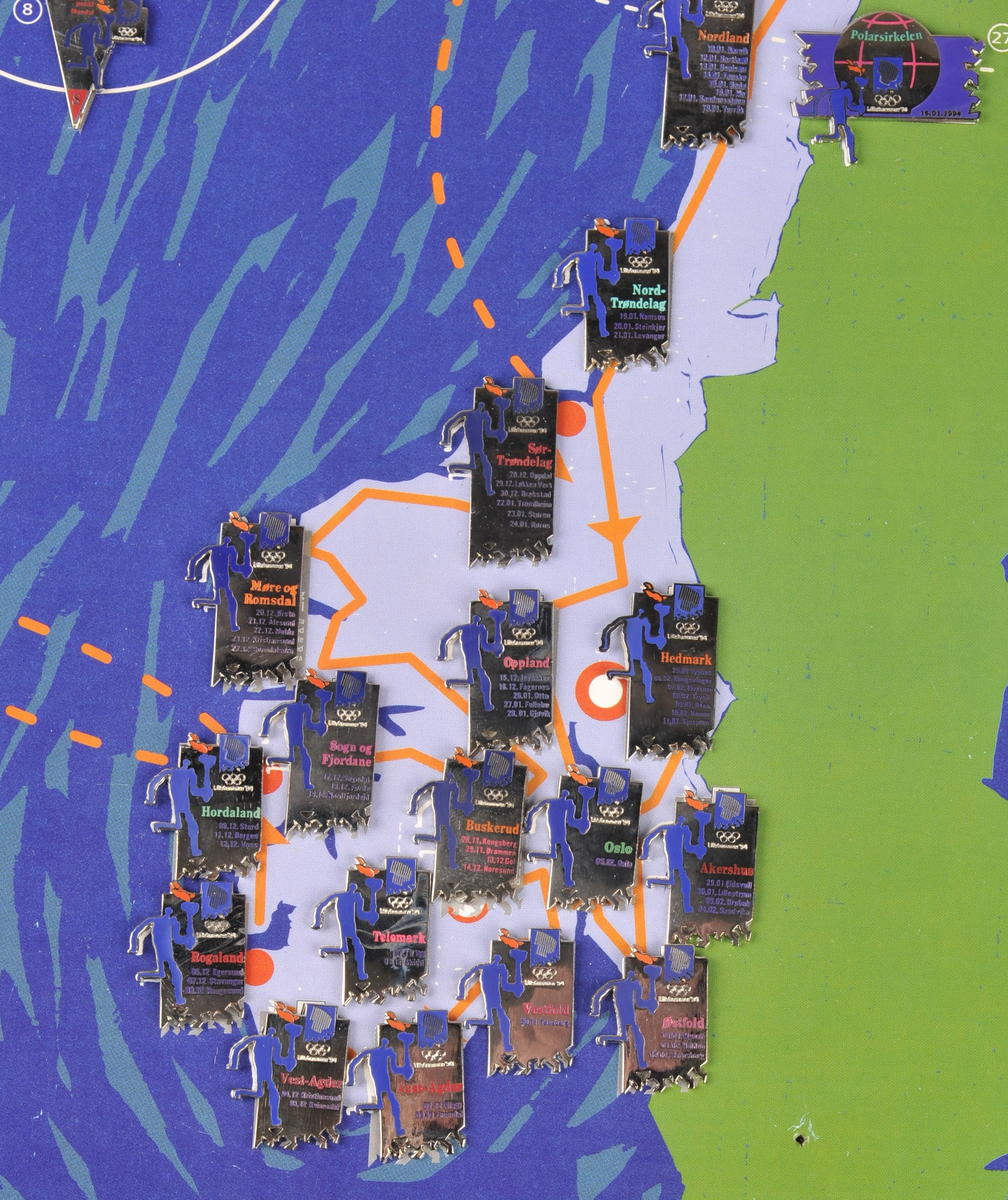 Plakat med 30 pins frå fakkelstafetten frå Morgedal til Lillehammer.