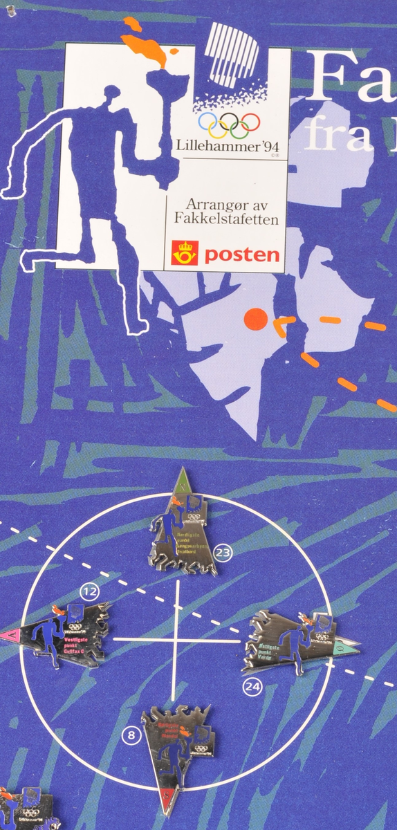 Plakat med 30 pins frå fakkelstafetten frå Morgedal til Lillehammer.