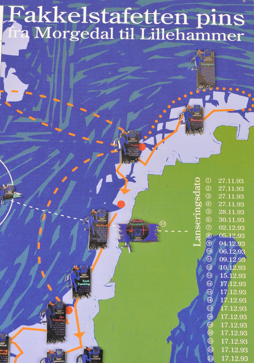 Plakat med 30 pins frå fakkelstafetten frå Morgedal til Lillehammer.