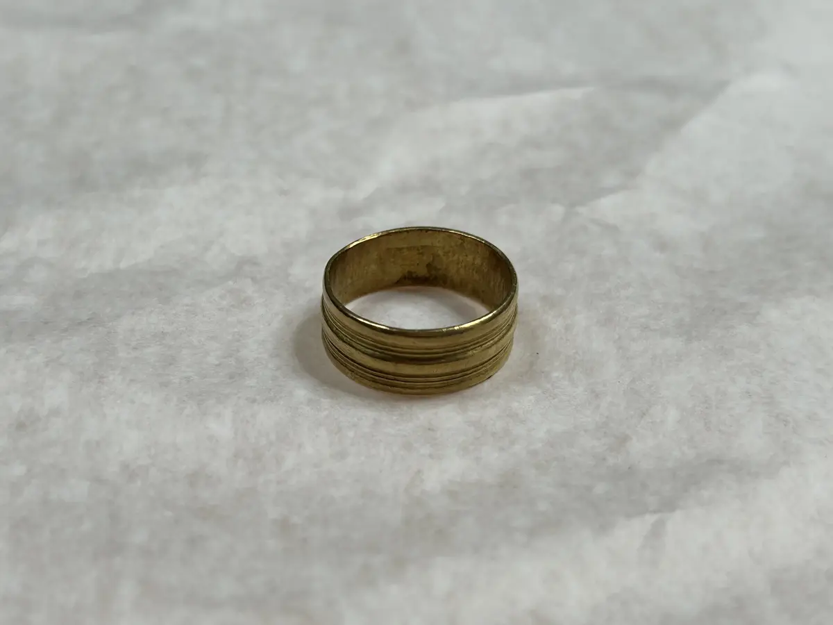 Guldring, med tre åsar och däremellan  smala parallella linjer. 
av guld, tvärmått 22, 8 mm. Bred. Från Bolarve i Hejdeby, funnen under gallring av morötter i en gammal åker, enligt uppgift av a. Vestergren Bolarve.