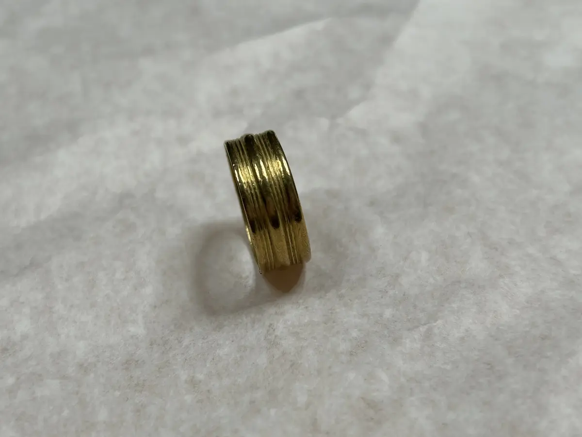 Guldring, med tre åsar och däremellan  smala parallella linjer. 
av guld, tvärmått 22, 8 mm. Bred. Från Bolarve i Hejdeby, funnen under gallring av morötter i en gammal åker, enligt uppgift av a. Vestergren Bolarve.