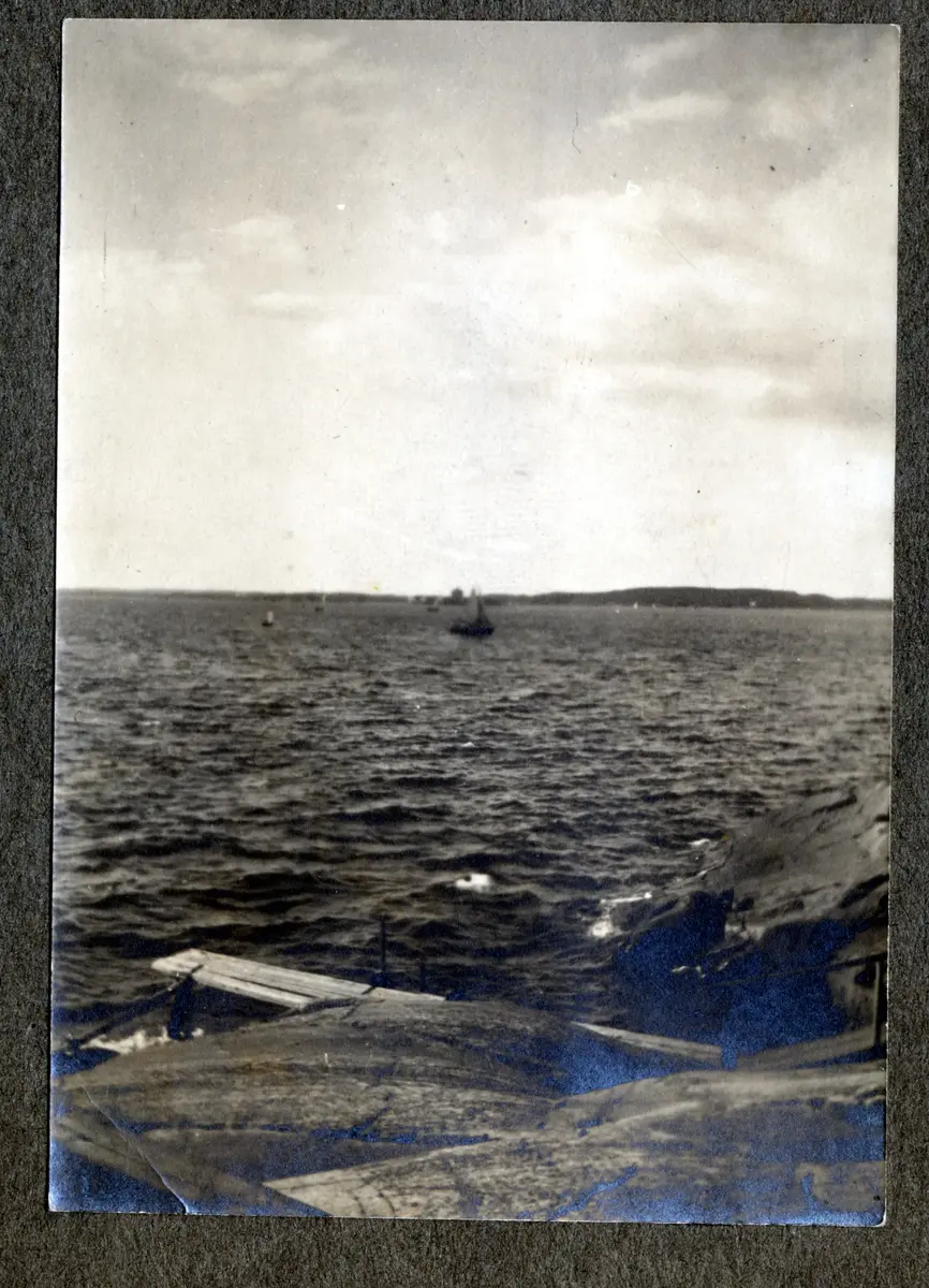 a) Rak väg genom barrskogsplantering i Onsala-trakten

b) Gräsbeväxt kust med stenar och segelbåt vid Onsala

c) Två yngre män i aktern på segelbåt

d) Äng framför två mindre torpbyggnader samt ett nötkreatur. Onsala

e) Klippkust med liten badbrygga. Segelbåtar på avstånd

f) Liten hamn med stenvall och fyra små träbåtar, skog. Vid Onsala

g) Två hästar i hage

h) Artur Nilsson (?) med seglarbroder poserar på kustklippa