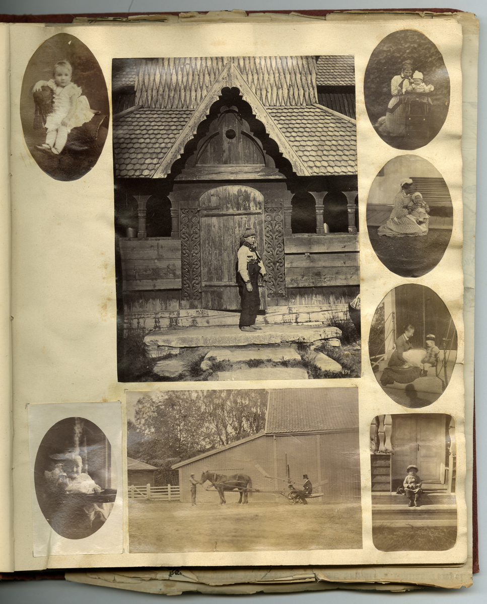 Scrapbooken inneholder foto av Faye familien på Dal gård i Ullensaker, samt diverse masseproduserte foto av datidens kjendiser og kongelige, blant annet dronning viktoria og hennes barn. Boken inneholder også postkort, utklipp av foto, karikaturtegninger og kollasjer