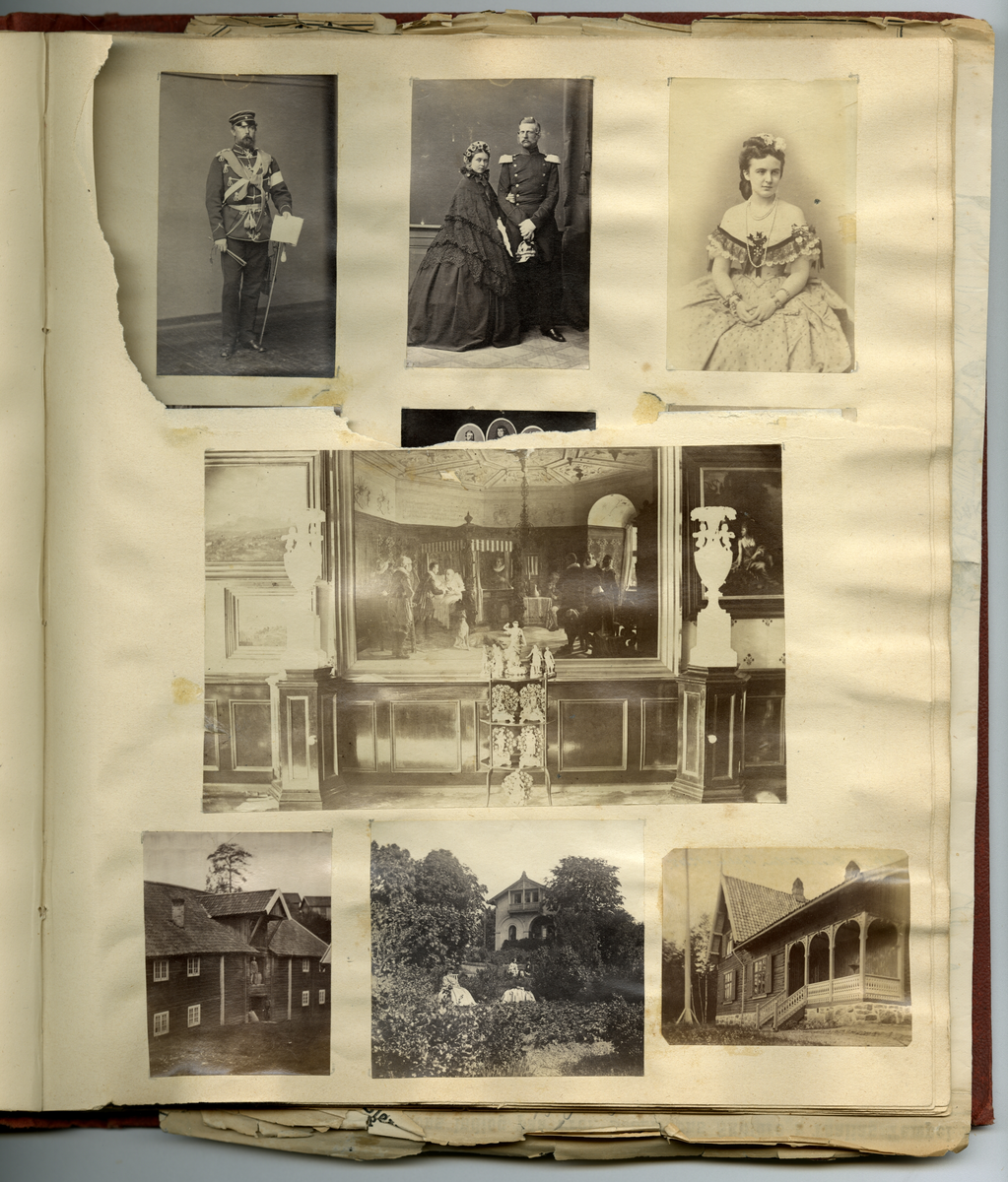 Scrapbooken inneholder foto av Faye familien på Dal gård i Ullensaker, samt diverse masseproduserte foto av datidens kjendiser og kongelige, blant annet dronning viktoria og hennes barn. Boken inneholder også postkort, utklipp av foto, karikaturtegninger og kollasjer