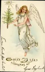 Illustration av en ängel hållandes ett julträd med en stjärn