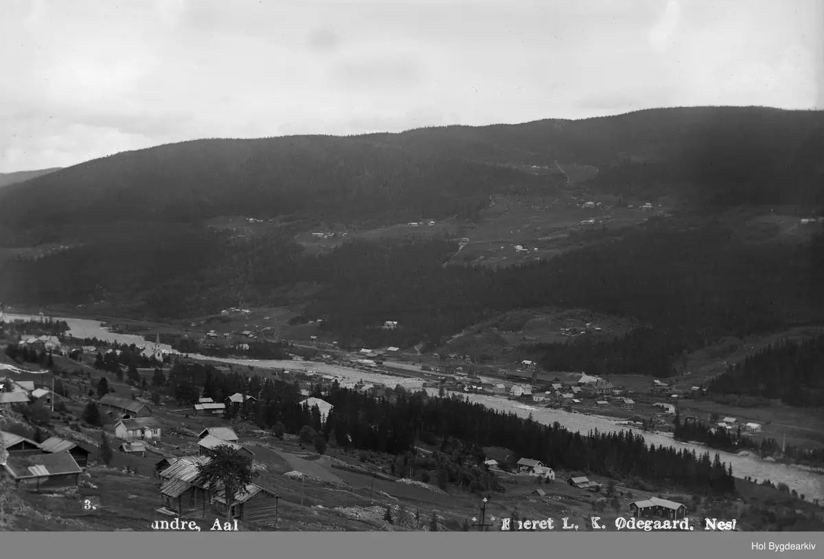Tettstad, Ål, Sundre, gardsbruk, jernbanestasjon, Bergensbanen; bildet er tatt frå Vestlia (Sundrelie). Bygningane på Øvre Leksvol (museumsgarden) er ikkje flutte enno - dei ligg på opphavleg stad, i eige tun. Øvst i Prestegardsskogen ser me i fyrste Nedre-Ål-skulen på Klukkargarden, og litt nedom der eit nybygg som må vera den kvite gamleskula frå 1924.