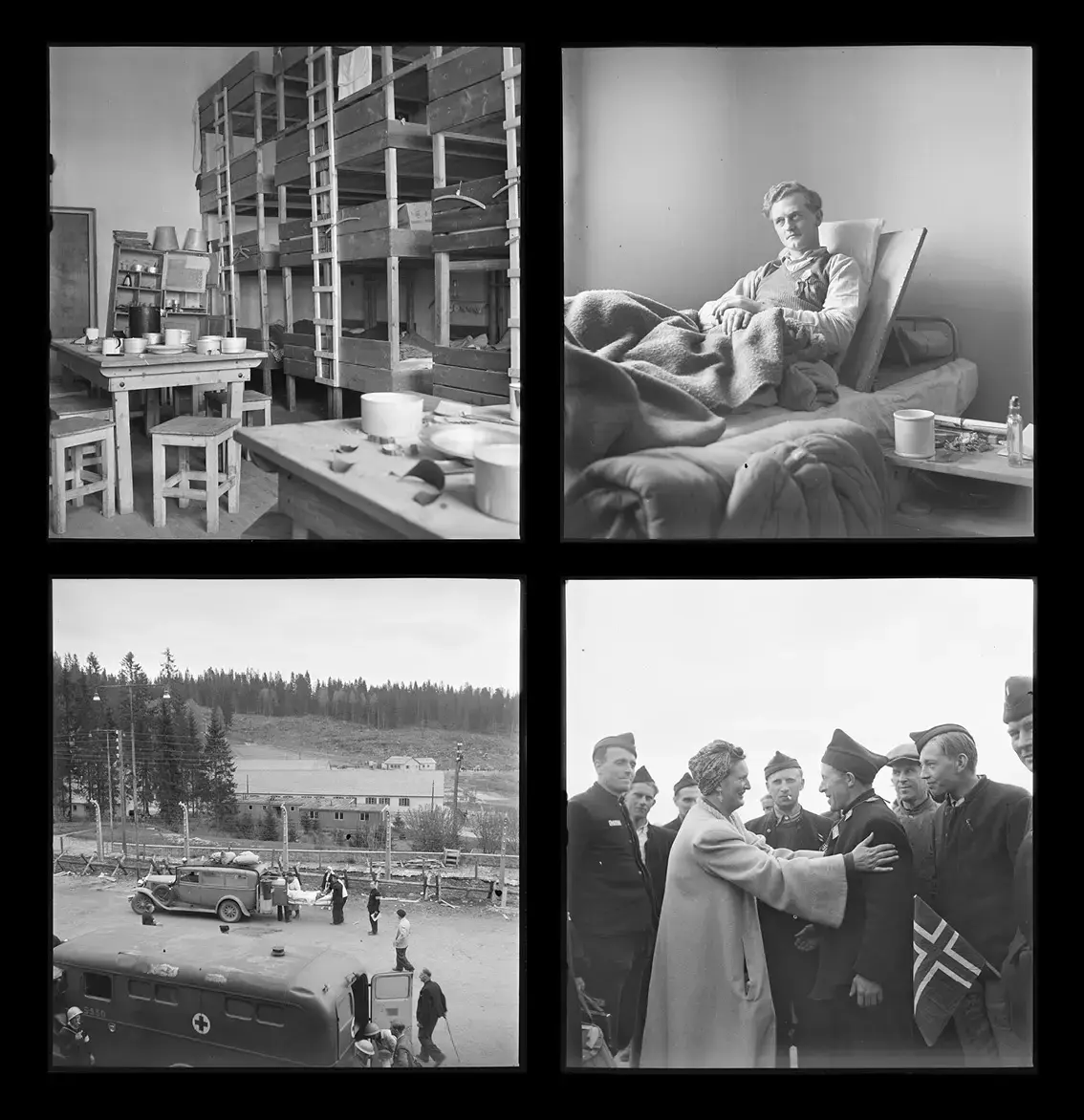 Bilder fra frigjøringen på Grini 1945, fire sammenstilte bilder. Ett viser en scelle, et viser en syk fange i sengen, ett syketransport og det siste tildeling av medalje til en frigitt fange.