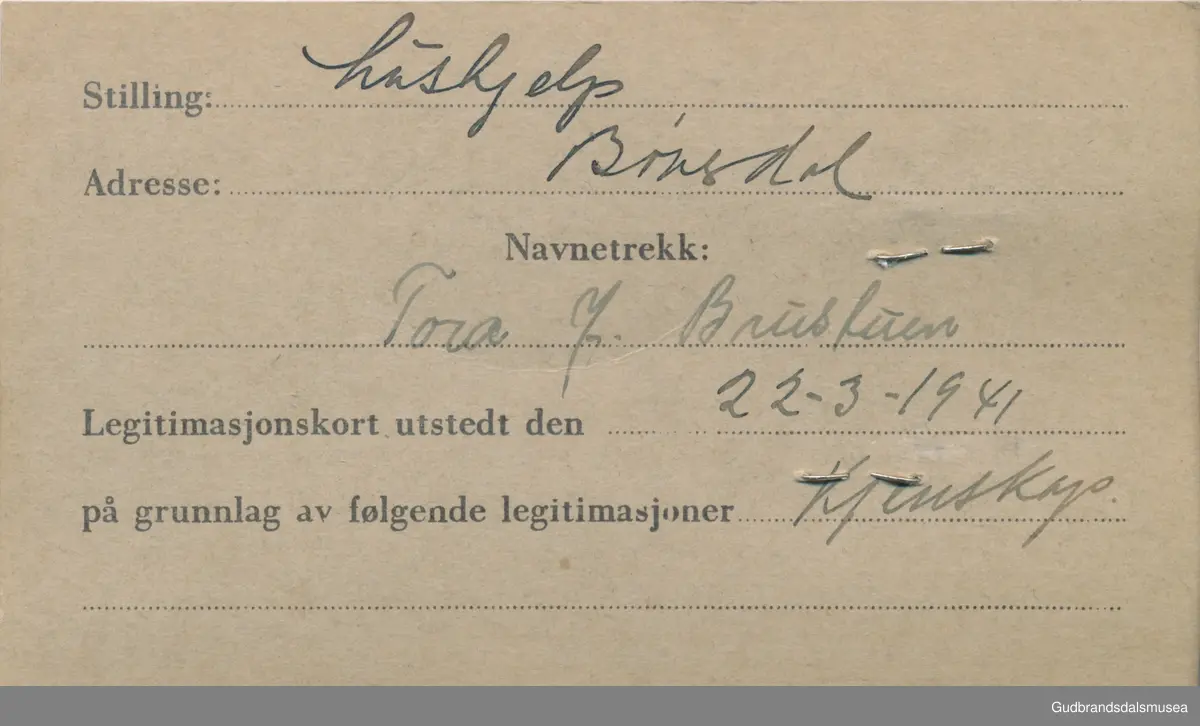 Brustuen - Tora J f.1903
ID-kort utstedt 1941, Lom