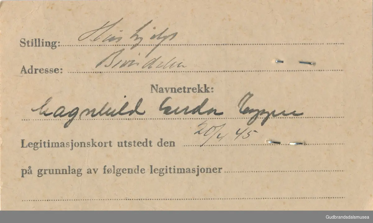 Eggen - Magnhild f.1926
ID-kort utstedt 1941, Lom