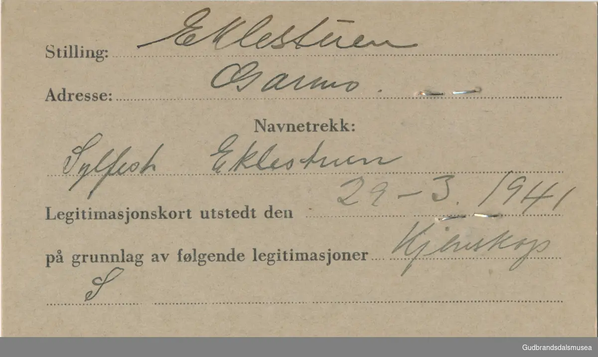 Eklestuen - Sylfest f.1886
ID-kort utstedt 1941, Lom