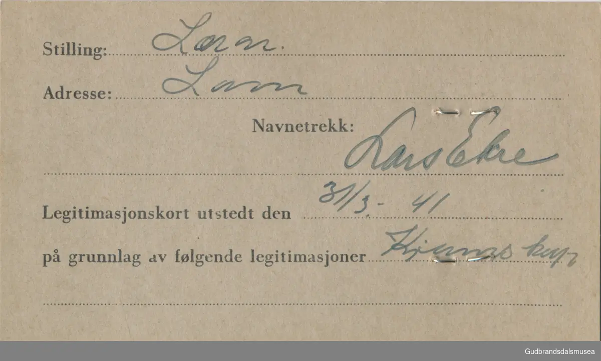 Ekre - Lars f.1915
ID-kort utstedt 1941, Lom