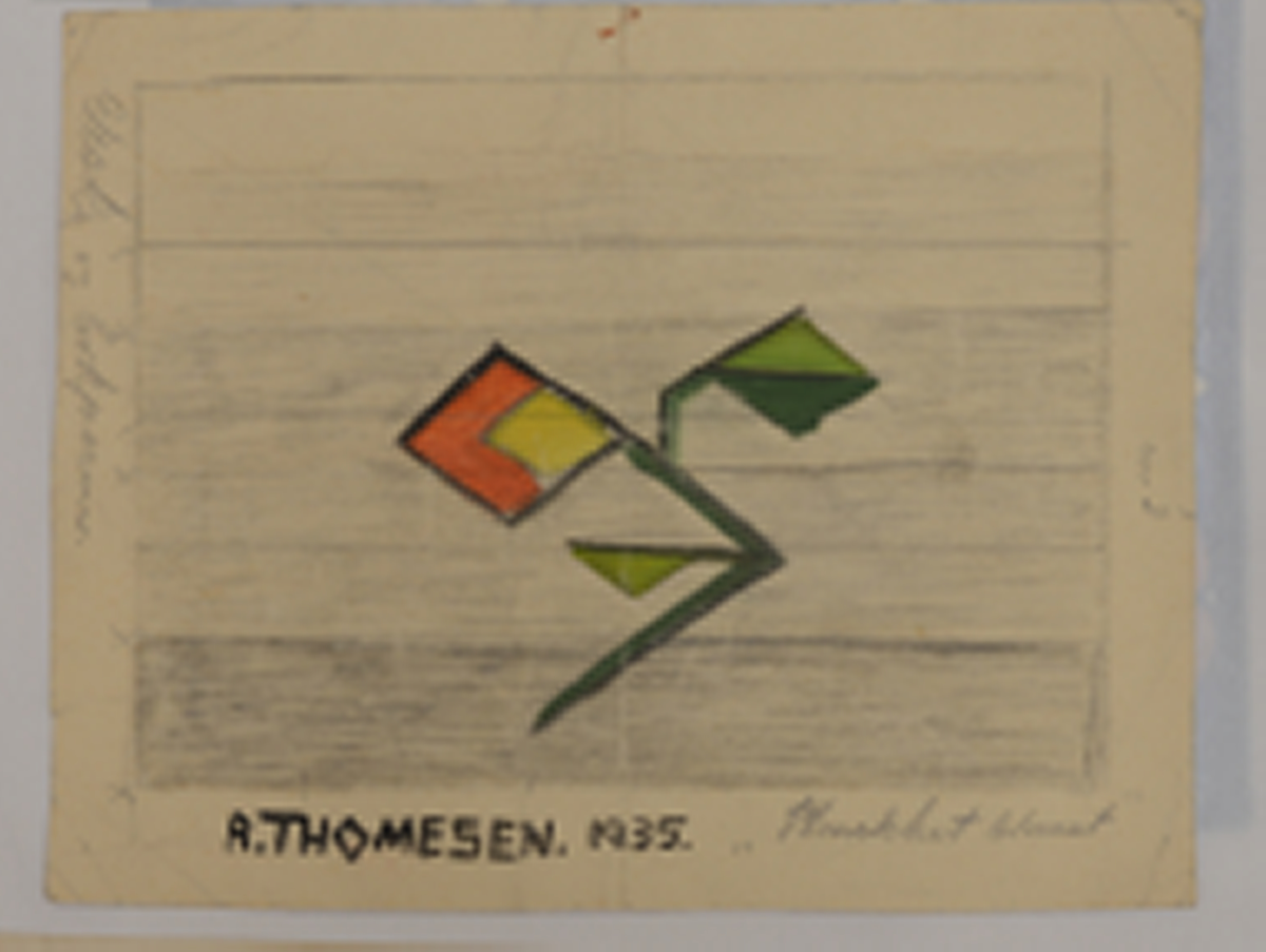 En samling med div. stiliserte mønstre tegnet og malt i farger på papir. Skoleoppgaver fra "Den kvindelige industriskole Kristiania" 1922-1923 og annet, utført av kunsthåndverker Ruth Thomesen. Mønstre til div. tekstiler som: tehette, puff, veske, bokbind, pute, teppe, duk, messehagel og annet. Mønster til tapet, bokillustrasjoner, telegram, keramikkfat, te-kaffekopp m.asjett og annet. Samlingen inneholder også en utklippsbok med tegnete broderimønster. (samlingen er ikke fullstendig fotografert)