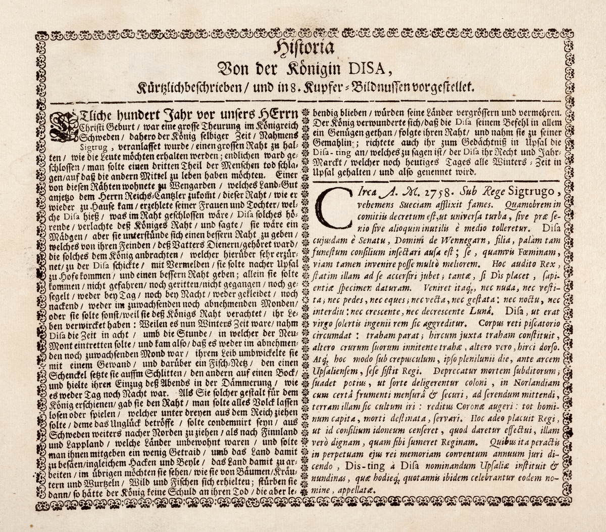 Text till historien om drottning Disa. Inledande text till åtta kopparstick som illustrerar berättelsen.