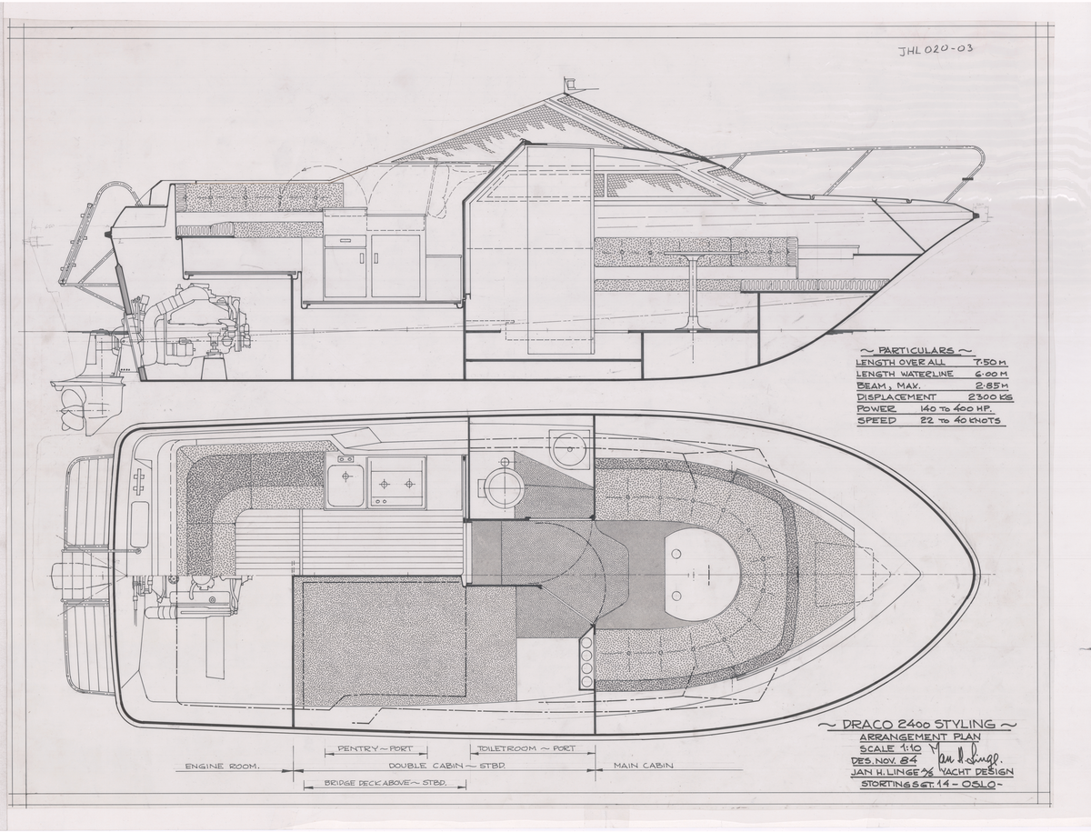 Draco 2400. Cabin cruiser. Arrangement plan. 140 til 400 HP. 1:10