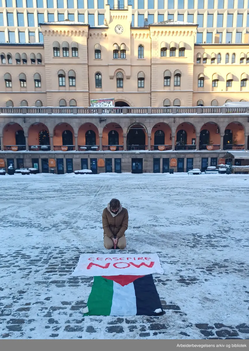 Stillesittende protestaksjon mot Israels krigsforbrytelser i Palestina. Ceasefire now/ Våpenhvile nå. Anonym aktivist. Januar 2024 på Youngstorget i Oslo.