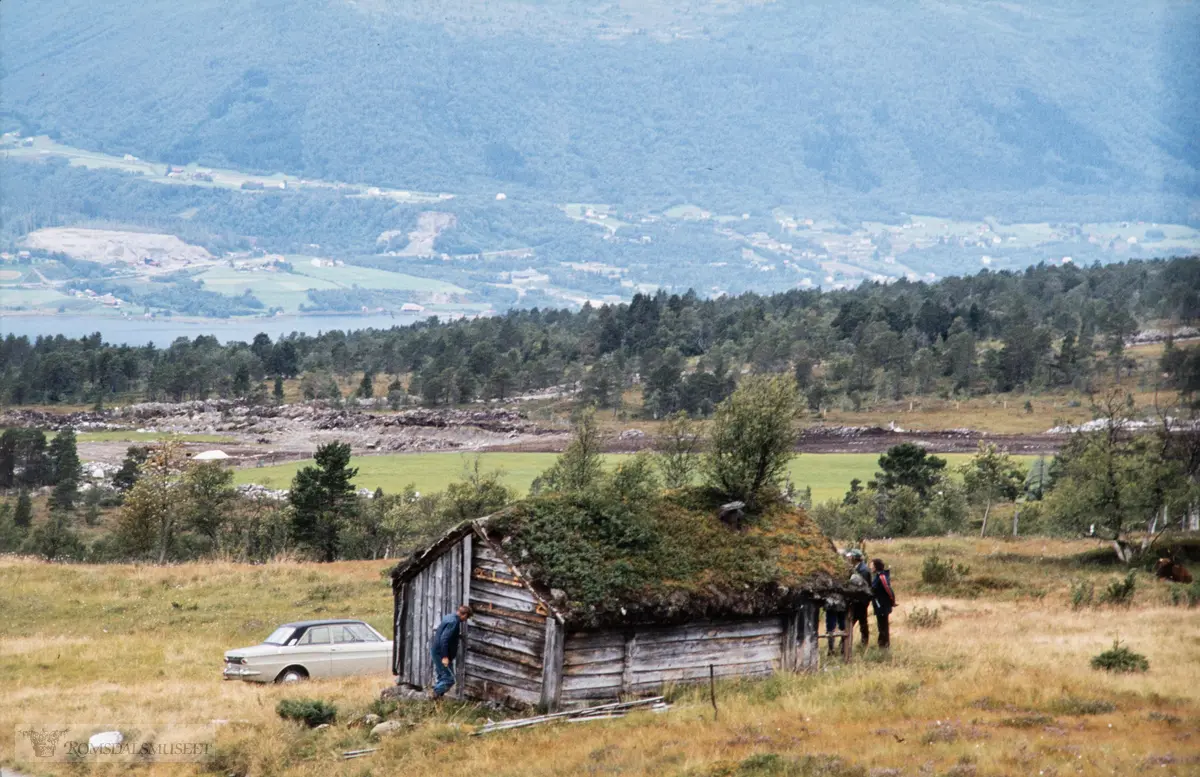 Daugstadsetra, Daugstad i Vestnes, gnr. 5 i Vestnes. I framgrunnen Jobua, frå Jogarden, Daugstad, gnr. 5.002. Denne bua fekk Romsdalsmuseet av Borgny og Adolf Hungnes i 1980. Same hausten var denne og Erikløa frå gnr. 5.001, tekne ned og frakta til Romsdalsmuseet. Begge står kom opp på Setervollen på Romsdalsmuseet 1990. Arkitekt Jon O. Villa var kjentmann...Kjelde: Romsdalsmuseet årbok 1981 s. 81