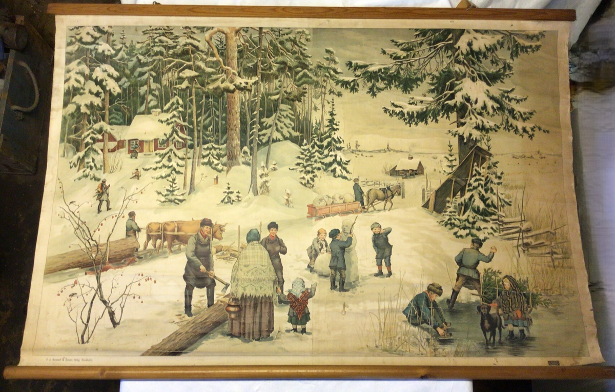 Motivet syner eit vinterlandskap, tømmerkjøring med hest og oksar, jeger, born som leikar, skog og hus .