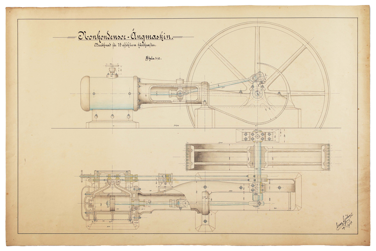 Ritning av en "Konkondensor-Ångmaskin", av ingenjör Sven Sjölin, år 1907 i Borås. Skala: 1:10. Två bilder med detaljerade mått. Från sidan samt uppifrån. Längst ner till höger handskriven signatur: "Sven Sjölin 1907".