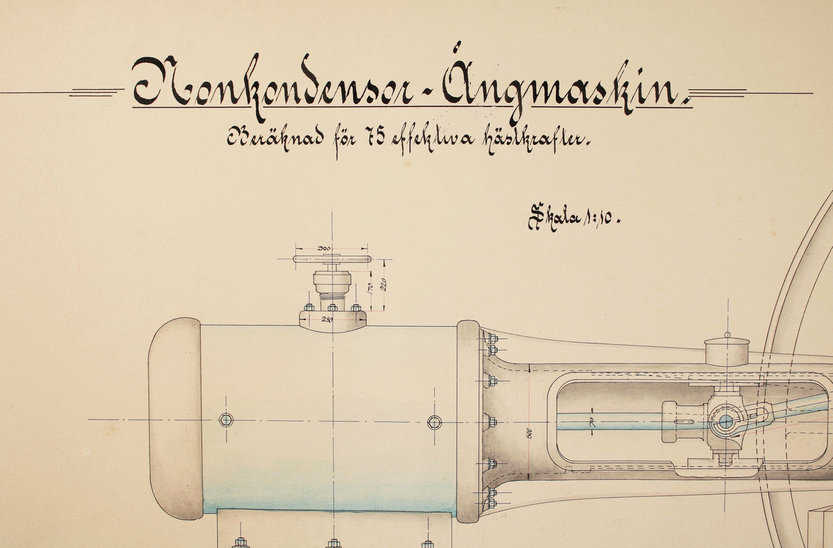 Ritning av en "Konkondensor-Ångmaskin", av ingenjör Sven Sjölin, år 1907 i Borås. Skala: 1:10. Två bilder med detaljerade mått. Från sidan samt uppifrån. Längst ner till höger handskriven signatur: "Sven Sjölin 1907".