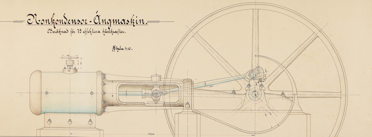 Ritning av en "Konkondensor-Ångmaskin", av ingenjör Sven Sjölin, år 1907 i Borås. Skala: 1:10. Två bilder med detaljerade mått. Från sidan samt uppifrån. Längst ner till höger handskriven signatur: "Sven Sjölin 1907".