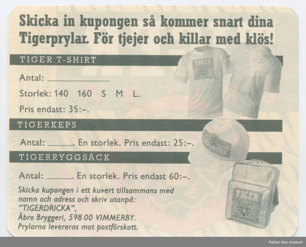 KLM 46764:409 Etikett. dryckesetikett. Etikett för Tigerdricka. Tryck på papper.