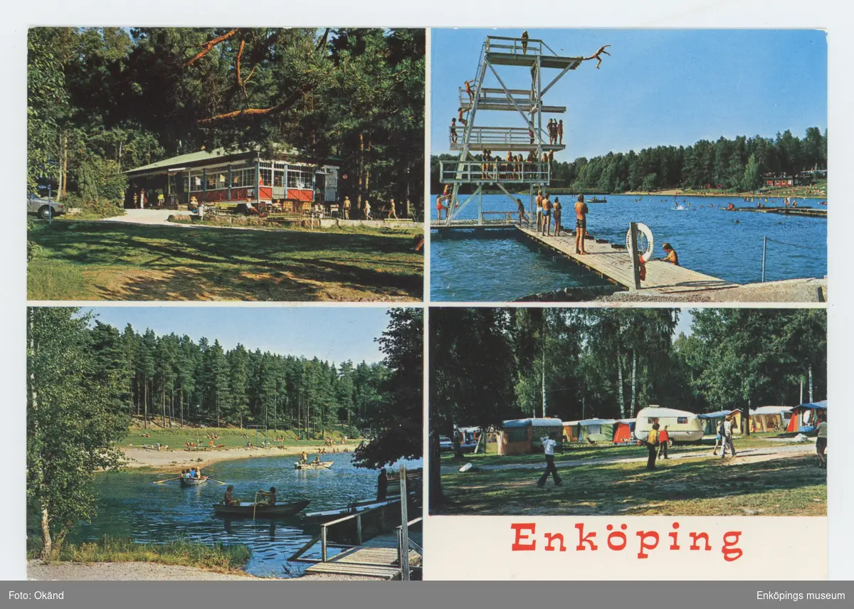 Vykort med motiv av Bredsandsbadet, Enköping. Vi ser restaurangen, hopptornet, sandstrandet med båtuthyrning och campingplatsen. Förmodligen fotograferat på 1970-talet eller tidigt 80-tal.