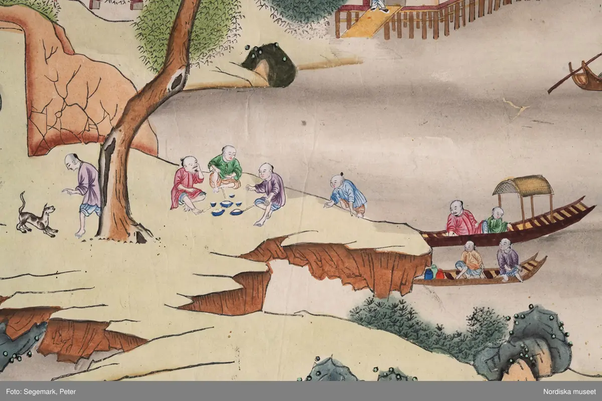 Landskap, berg, klippa, träd, vatten, sjö.
Arkitektur, byggnad, pagod, lusthus.
Människa, man, kvinna, barn, kines.
Farkost, båt.
Djur, fågel, häst, oxe.