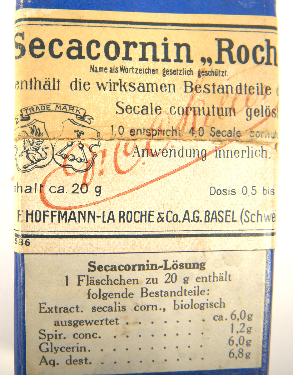 Läkemedelsförpackning till Secacornin Roche,oral lösning + bipacksedel. 
Saknar innehåll.