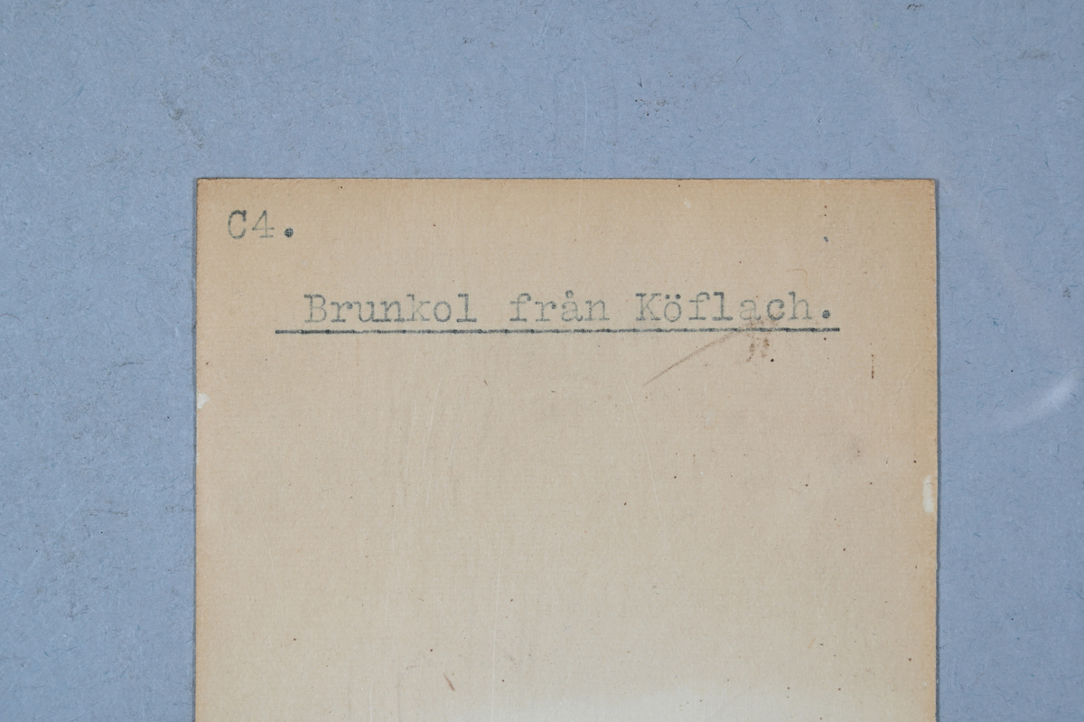 Prov av brunkol, brun och svartaktig. Provet märkt med vi färg: "C4". Tillhörande lapp med notering: "C4. Brunkol från Köflach".