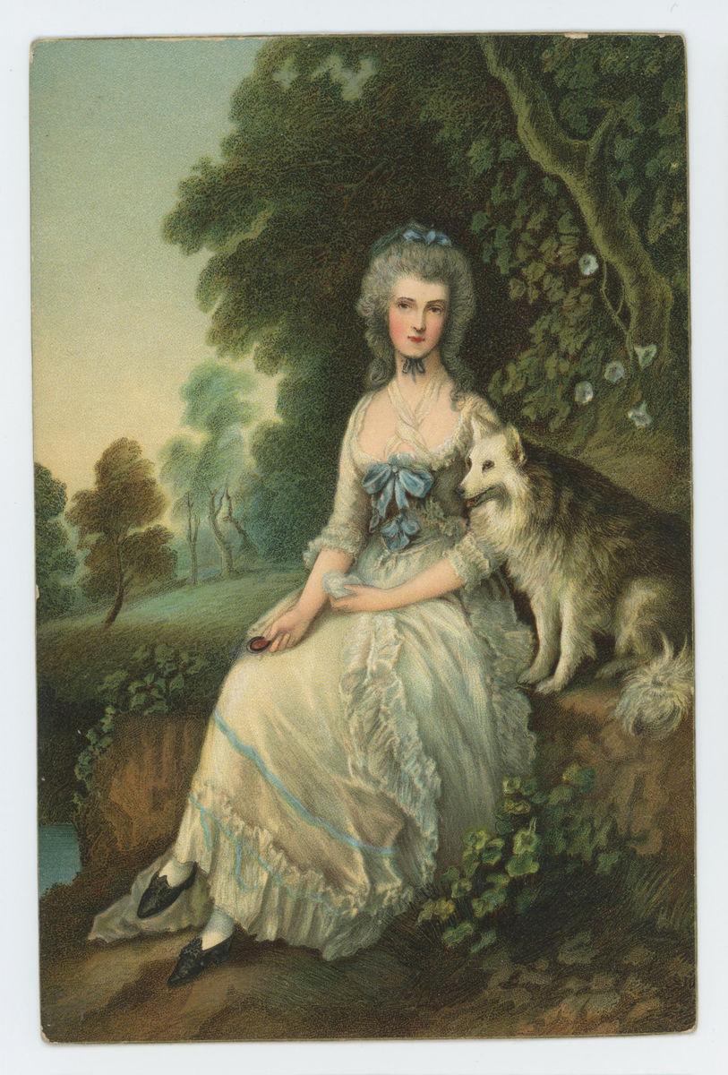 Vykort med poträtt av Mrs. Robinson ("Perdita"). Målad av Thomas Gainsborugh på 1700-talet. Målningen finns i London, England. Vykortet saknar poststämpel.