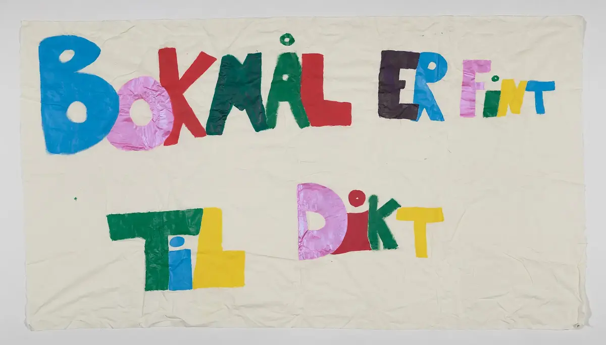 Banner frå arkivet til Norsk Målungdom. På banneret står teksten: "Bokmål er fint til dikt". Det er truleg at banneret har vore i bruk under ein aksjon for Norsk Målungdom.