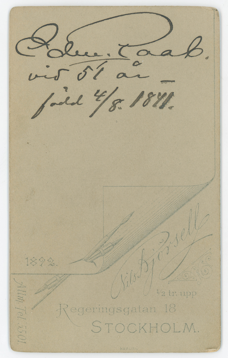 Porträtt på Edward Raab. Polismästare, friherre, rådman. Född år 1841 och död år 1901.