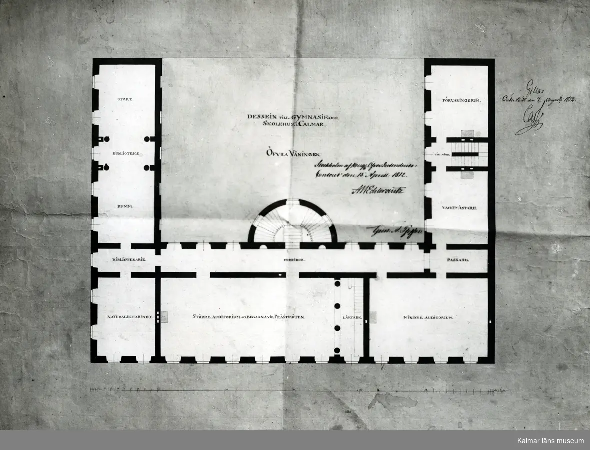 C. F. Sundvalls ritningar till gymnasium i Kalmar, godkänd 1812. Huset är numera säte för Kalmar kommun. Ritningarna visar övre och nedre våningen.